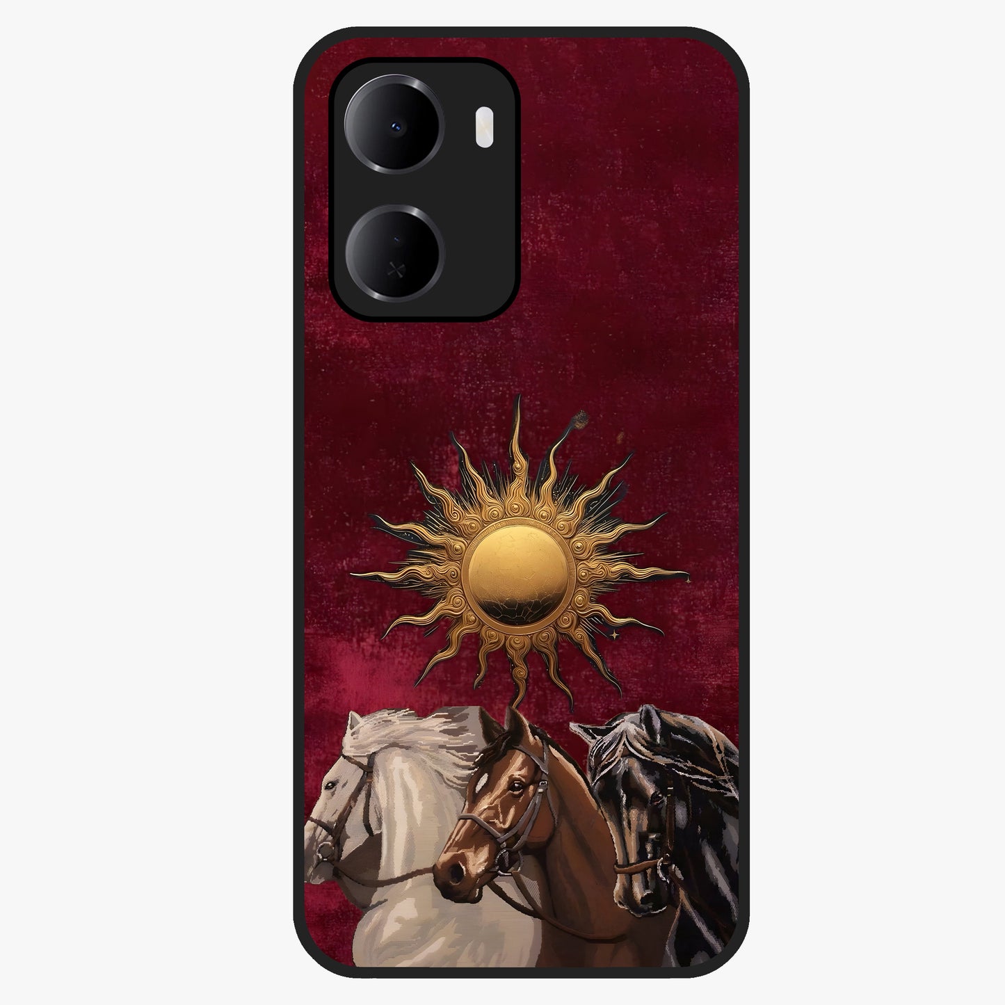 Solar Riders Glass Case showing flat back view with dynamic rider themed artwork and glossy glass finish.