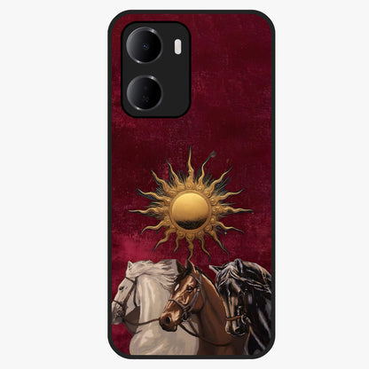 Solar Riders Glass Case showing flat back view with dynamic rider themed artwork and glossy glass finish.