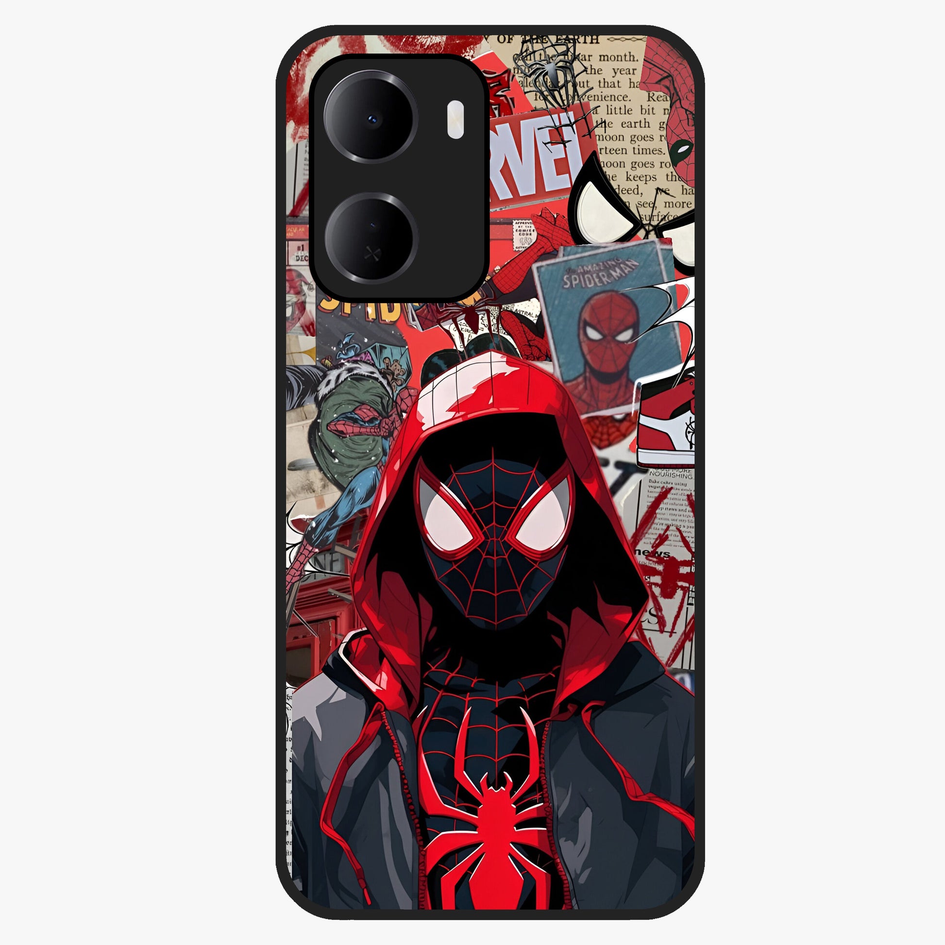 Spider Collage Street Glass Case showing flat back view with vibrant superhero collage artwork and glossy glass finish.