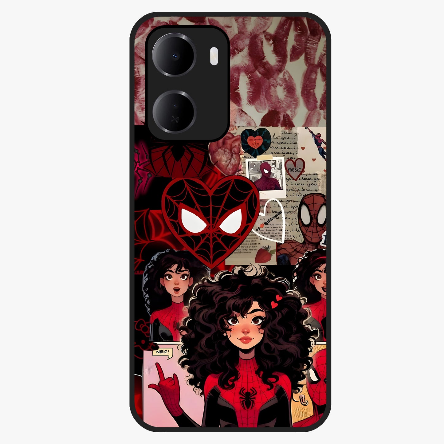 Spider Love Story Glass Case showing flat back view with romantic superhero themed artwork and glossy glass finish.