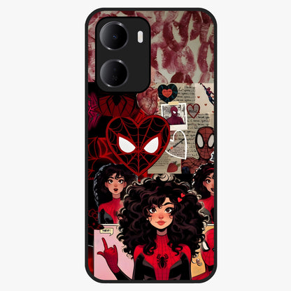Spider Love Story Glass Case showing flat back view with romantic superhero themed artwork and glossy glass finish.