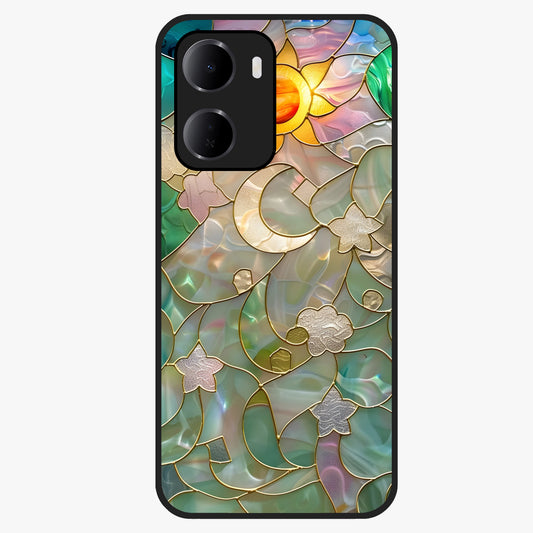 Stained Sunrise Glow Glass Case showing flat back view with glowing sunrise stained pattern artwork and glossy glass finish.