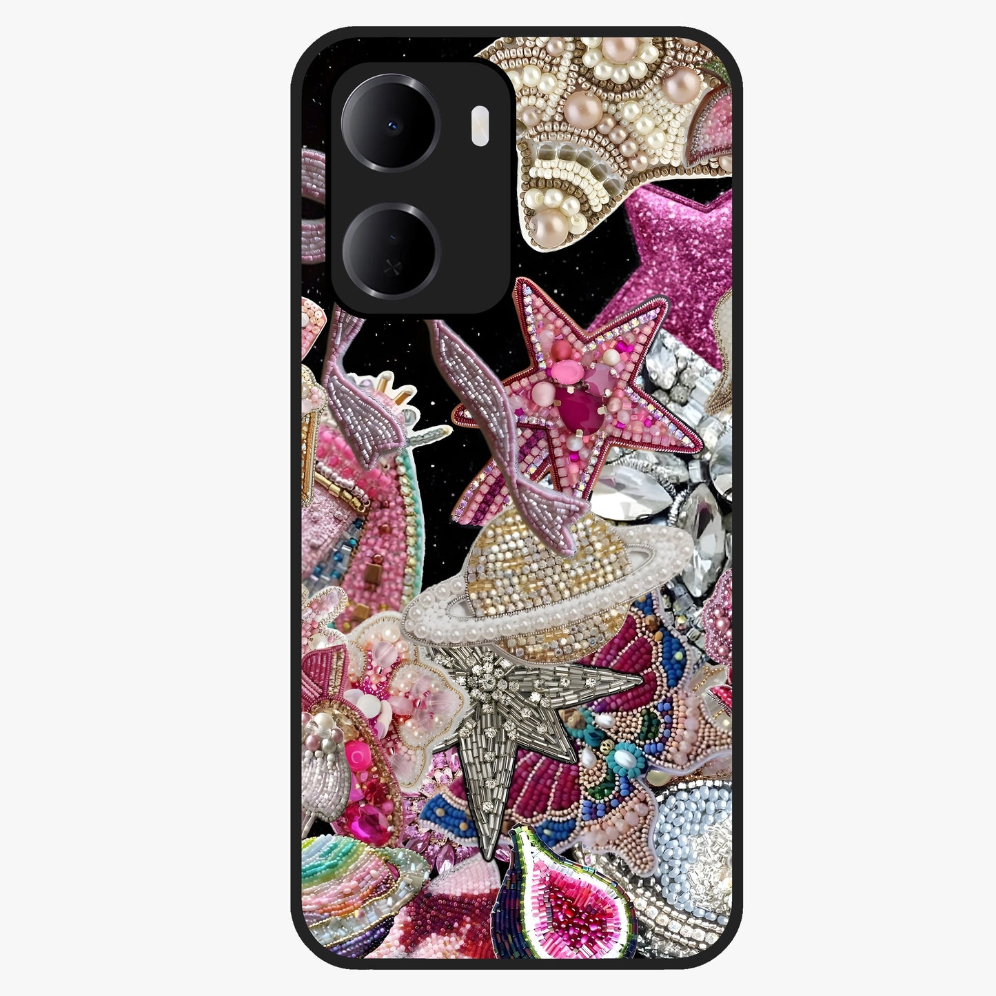 Starlit Jewel Dream Glass Case showing flat back view with sparkling jewel and star themed artwork and glossy glass finish.