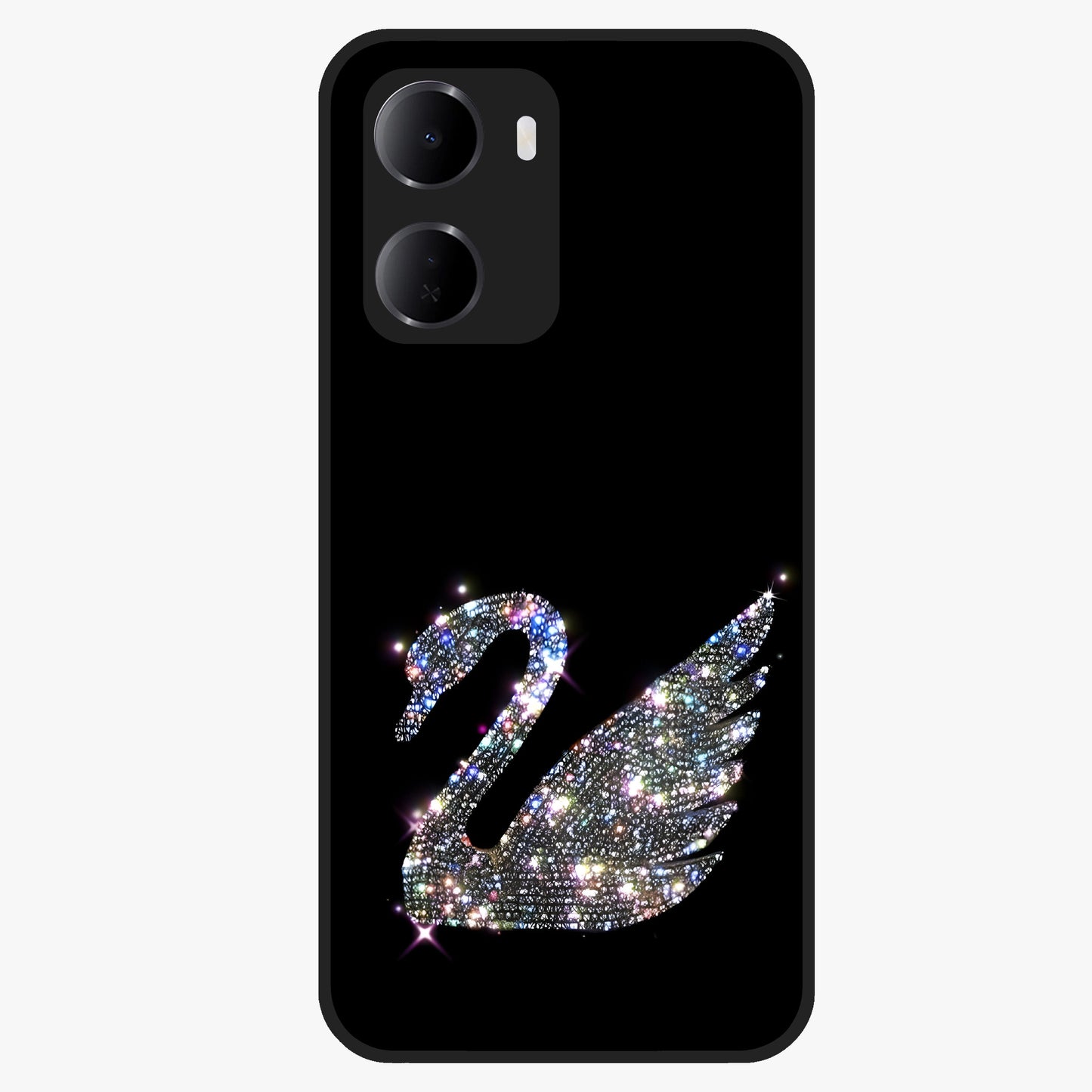 Starlit Swan Grace Glass Case showing flat back view with graceful swan artwork under starry sky and glossy glass finish.