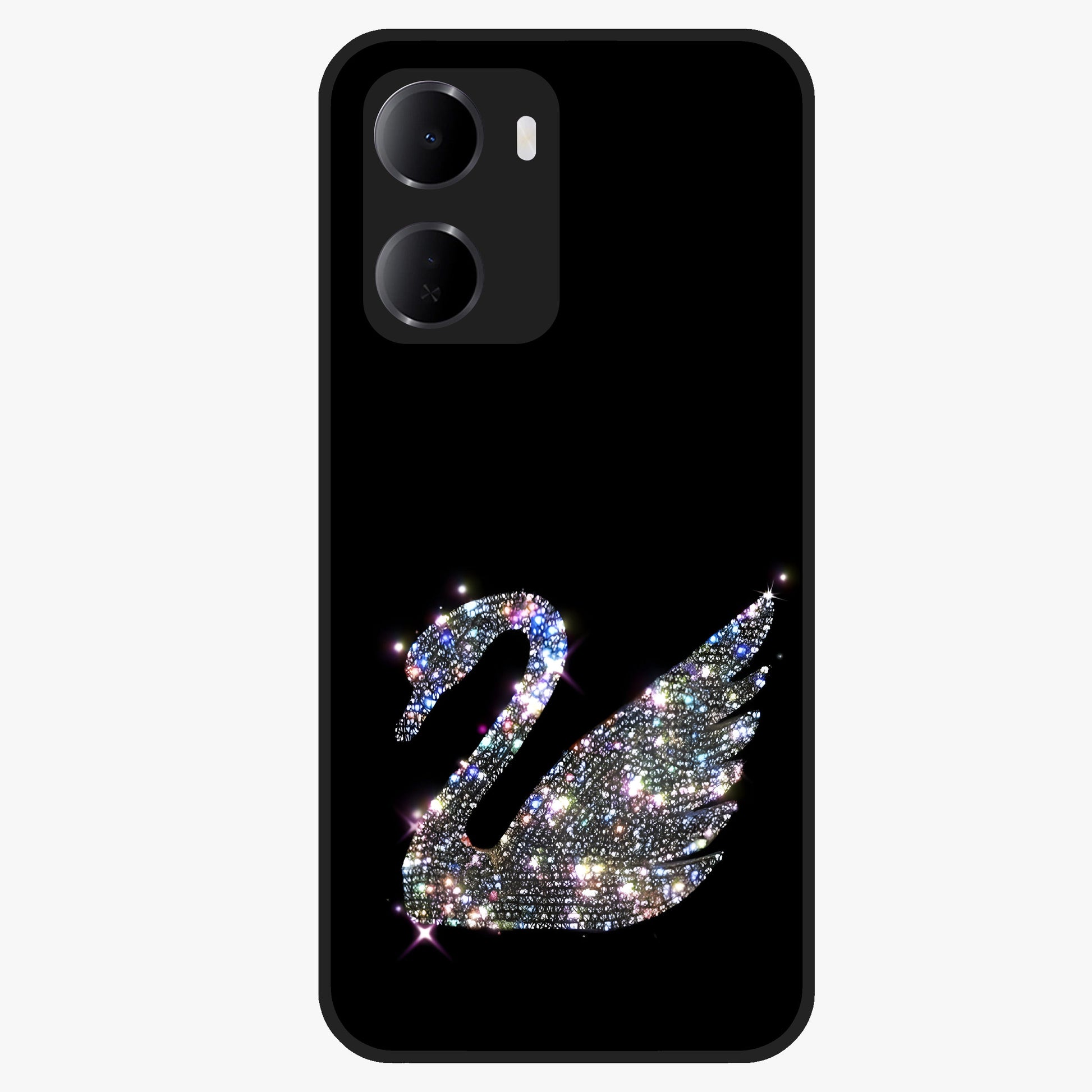 Starlit Swan Grace Glass Case showing flat back view with graceful swan artwork under starry sky and glossy glass finish.