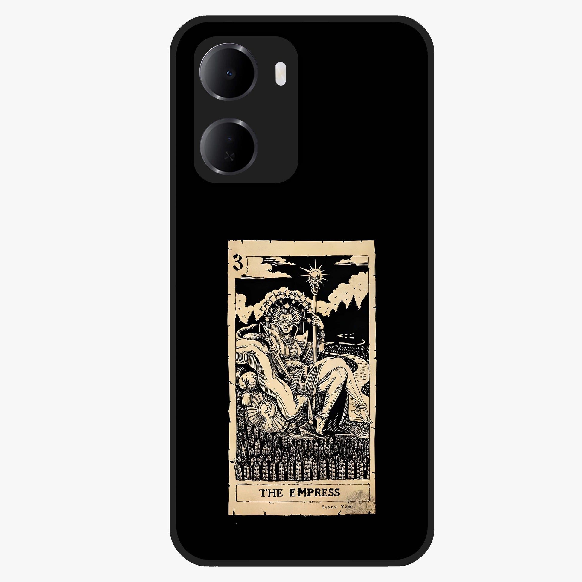 The Empress Glass Case showing flat back view with regal feminine artwork and glossy glass finish.