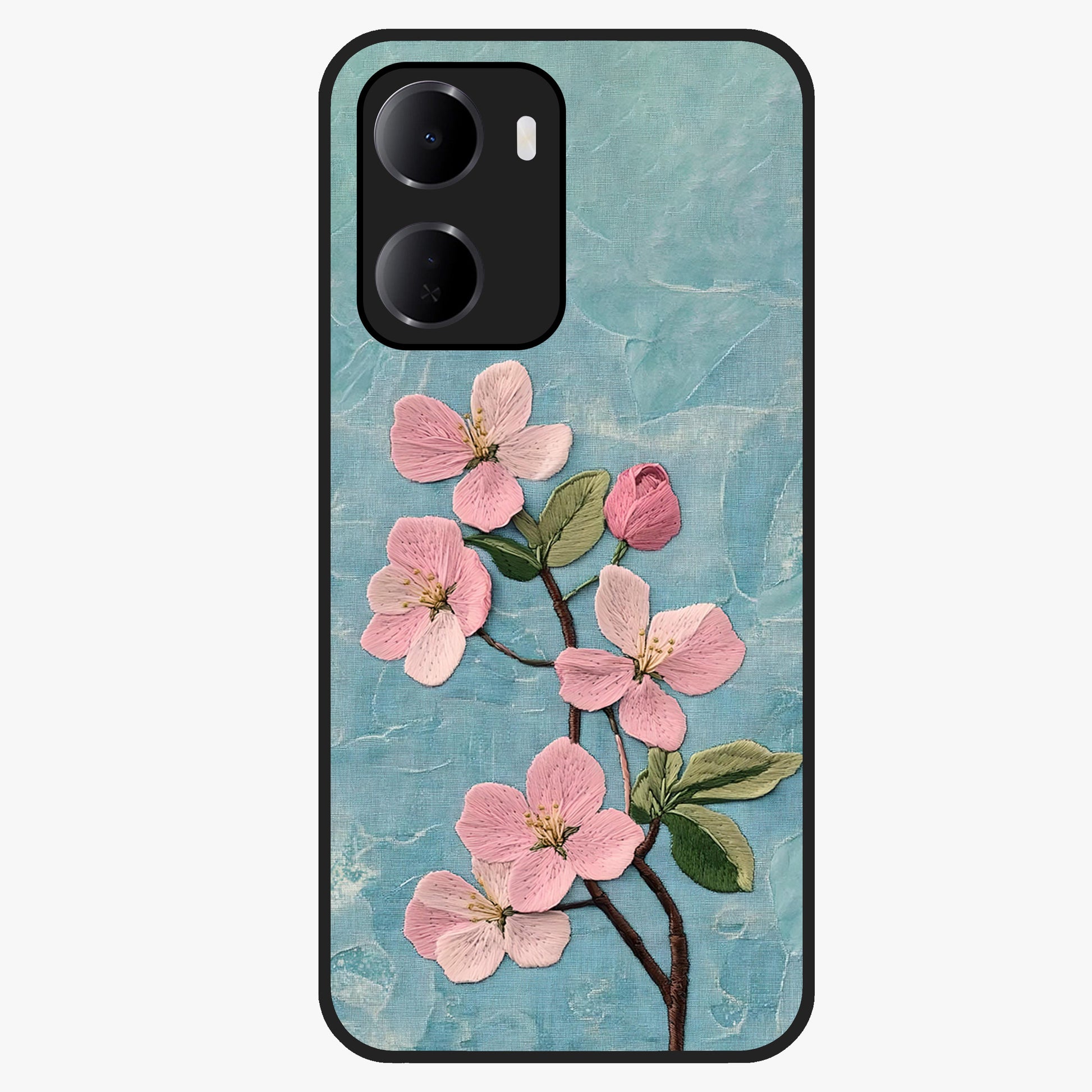 Threaded Blossom Breeze Glass Case showing flat back view with delicate blossom artwork and glossy glass finish.