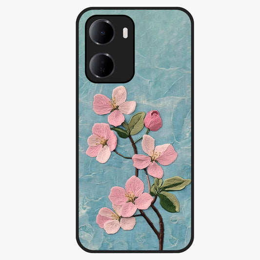 Threaded Blossom Breeze Glass Case showing flat back view with delicate blossom artwork and glossy glass finish.