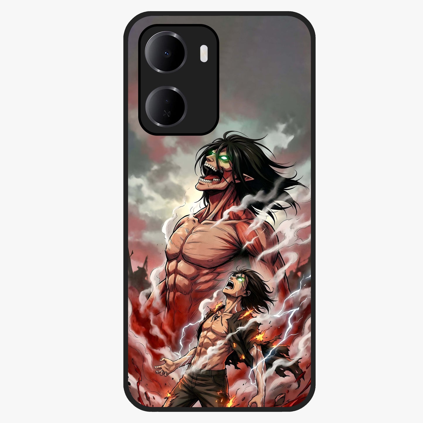 Titan Awakening Fury Glass Case showing flat back view with powerful titan inspired artwork and glossy glass finish.