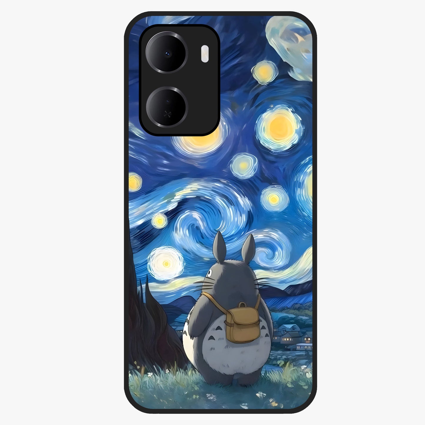 Totoro In Van Gogh Art Glass Case showing flat back view with whimsical character artwork inspired by Van Gogh style and glossy glass finish.