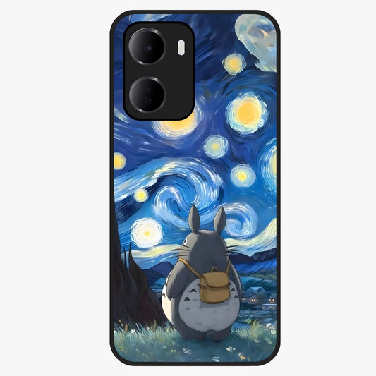 Totoro In Van Gogh Art Glass Case showing flat back view with whimsical character artwork inspired by Van Gogh style and glossy glass finish.