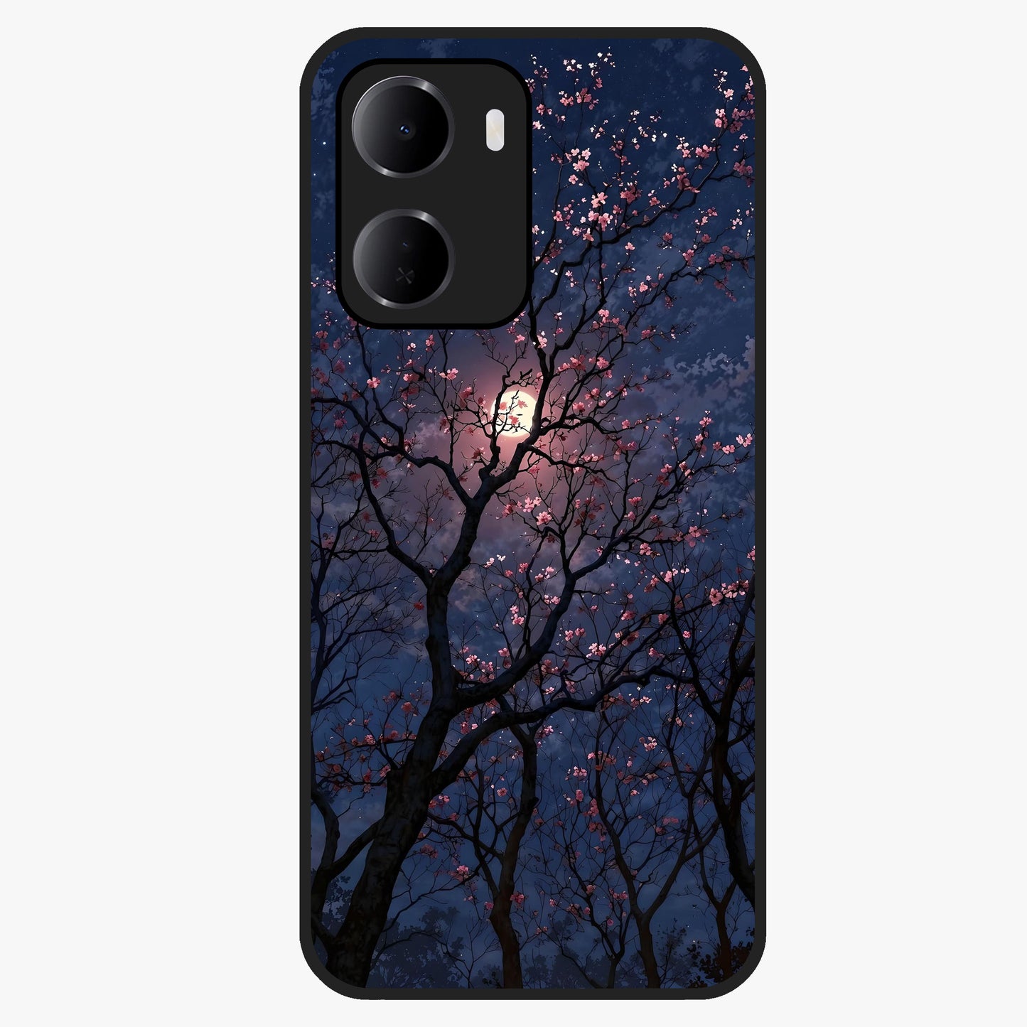 Twilight Sakura Serenade Glass Case showing flat back view with cherry blossom artwork at twilight and glossy glass finish.