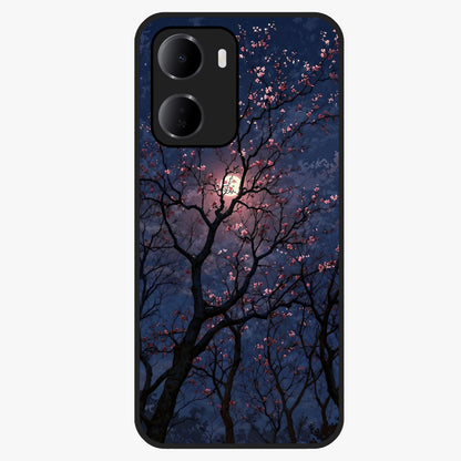 Twilight Sakura Serenade Glass Case showing flat back view with cherry blossom artwork at twilight and glossy glass finish.