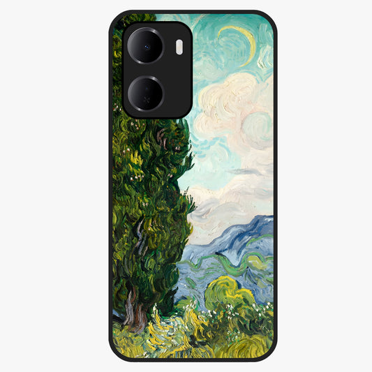 Van Gogh Vintage Art Glass Case showing flat back view with vintage painterly artwork inspired by Van Gogh style and glossy glass finish.