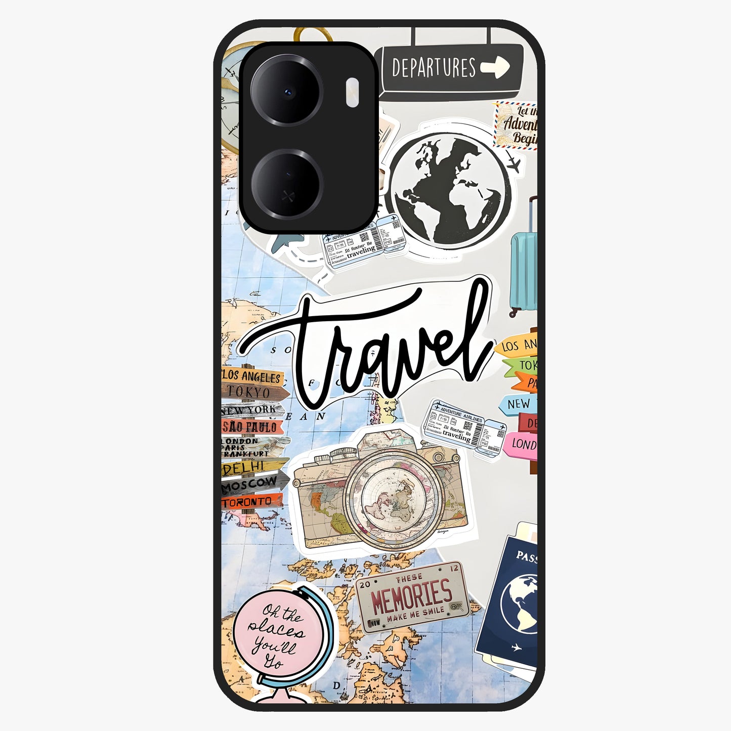 Wanderlust Journal Glass Case showing flat back view with travel inspired artwork and glossy glass finish.