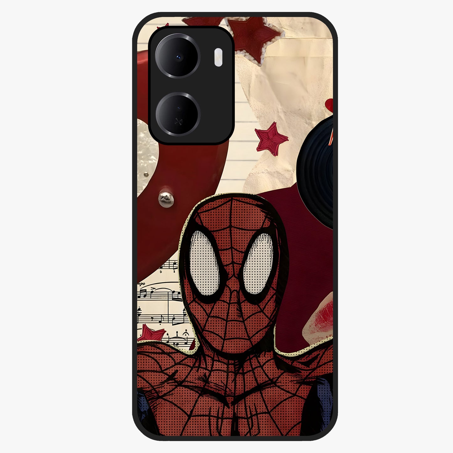Web Warrior Vibes Glass Case showing flat back view with superhero inspired web themed artwork and glossy glass finish.