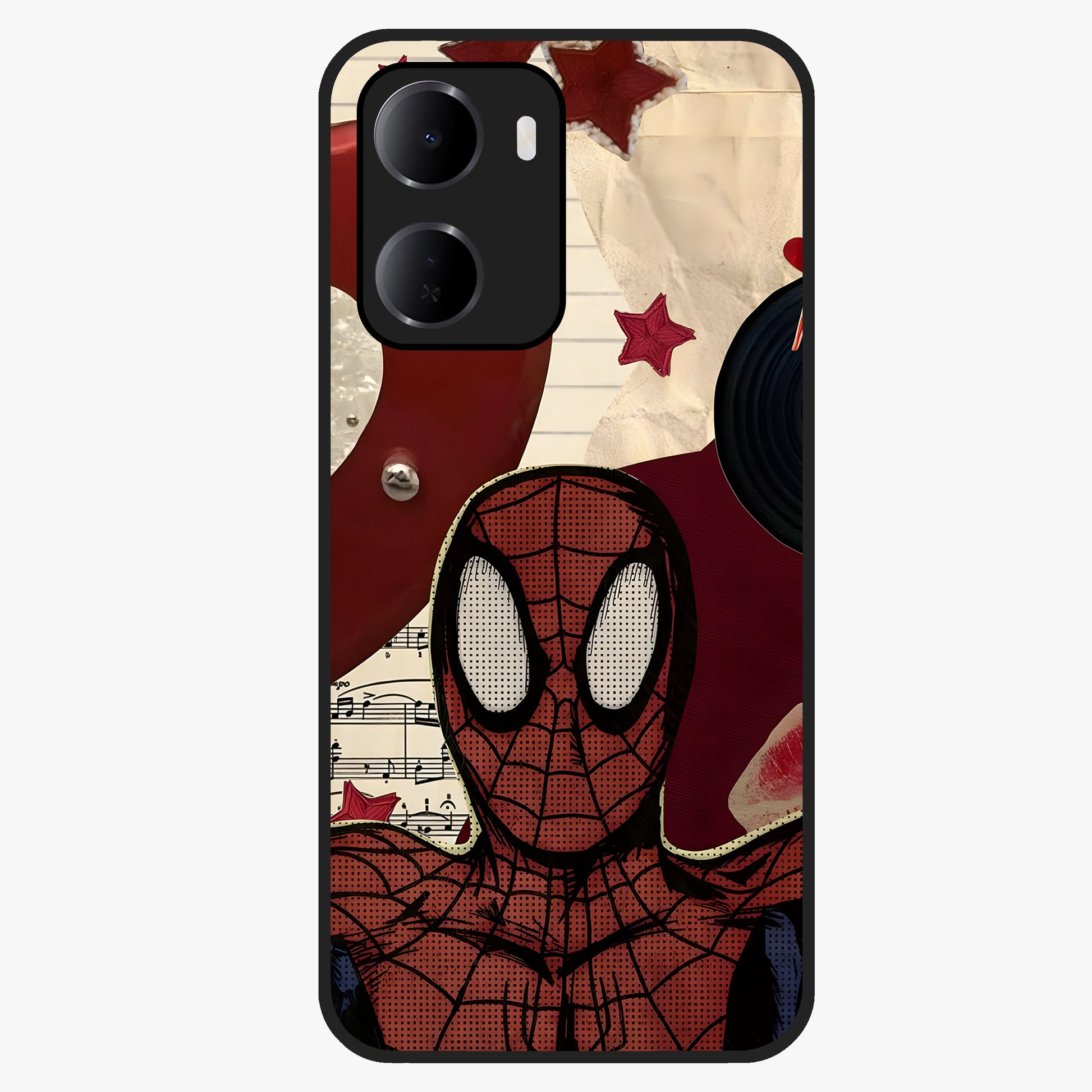 Web Warrior Vibes Glass Case showing flat back view with superhero inspired web themed artwork and glossy glass finish.
