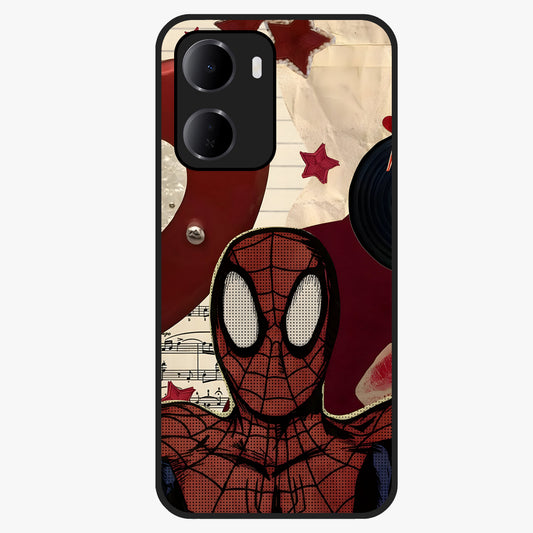 Web Warrior Vibes Glass Case showing flat back view with superhero inspired web themed artwork and glossy glass finish.