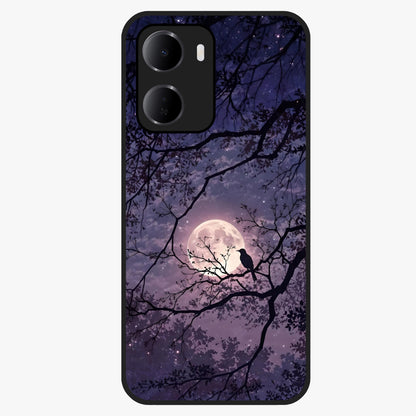 Whispering Moon Silence Glass Case showing flat back view with serene moon themed artwork and glossy glass finish.