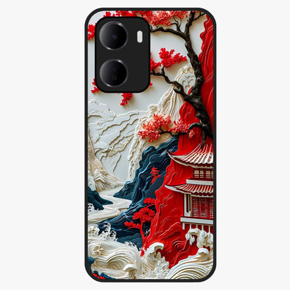 Whispers Of Sakura Waves Glass Case showing flat back view with cherry blossom wave artwork and glossy glass finish.