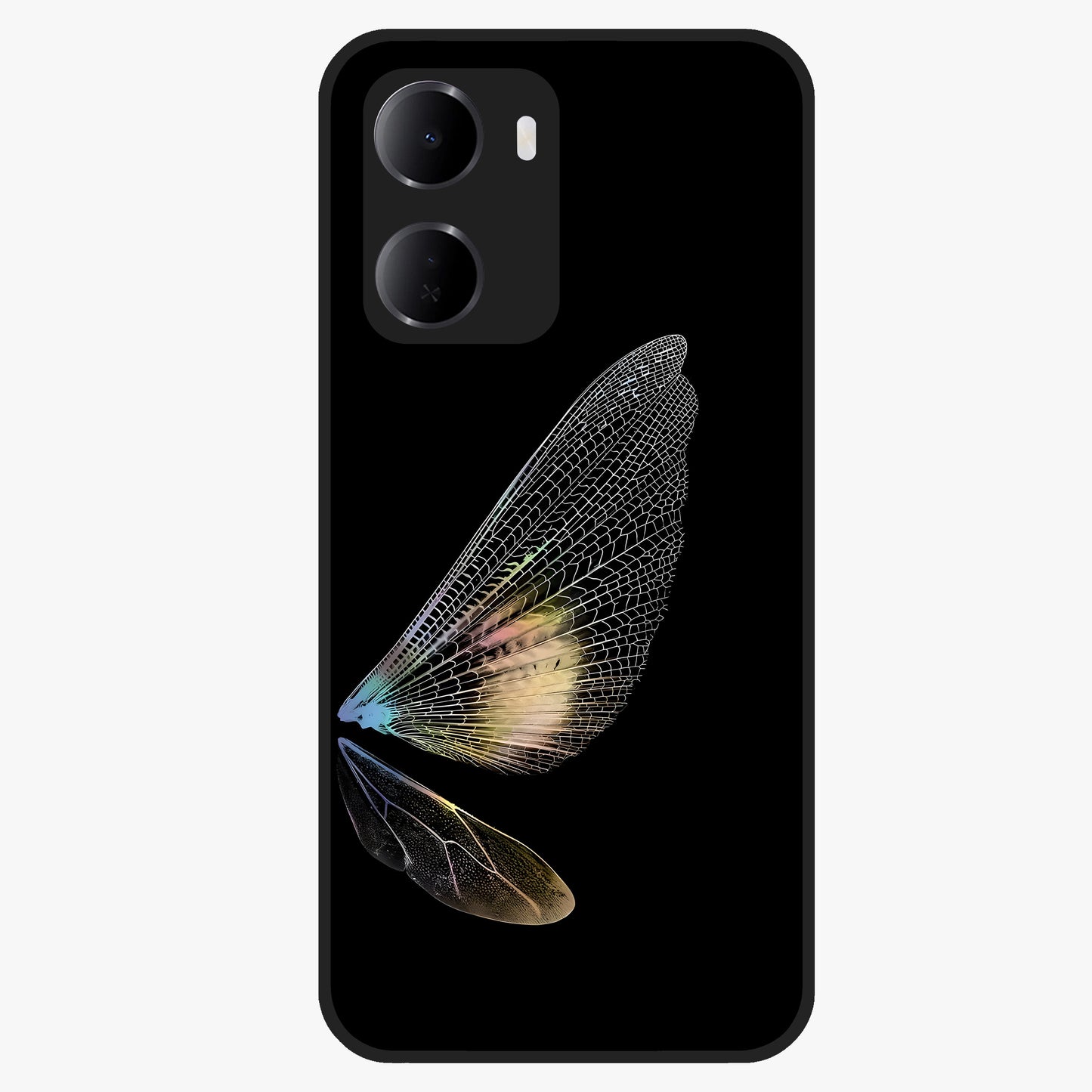 Whispers Of Wings Glass Case showing flat back view with graceful wing inspired artwork and glossy glass finish.