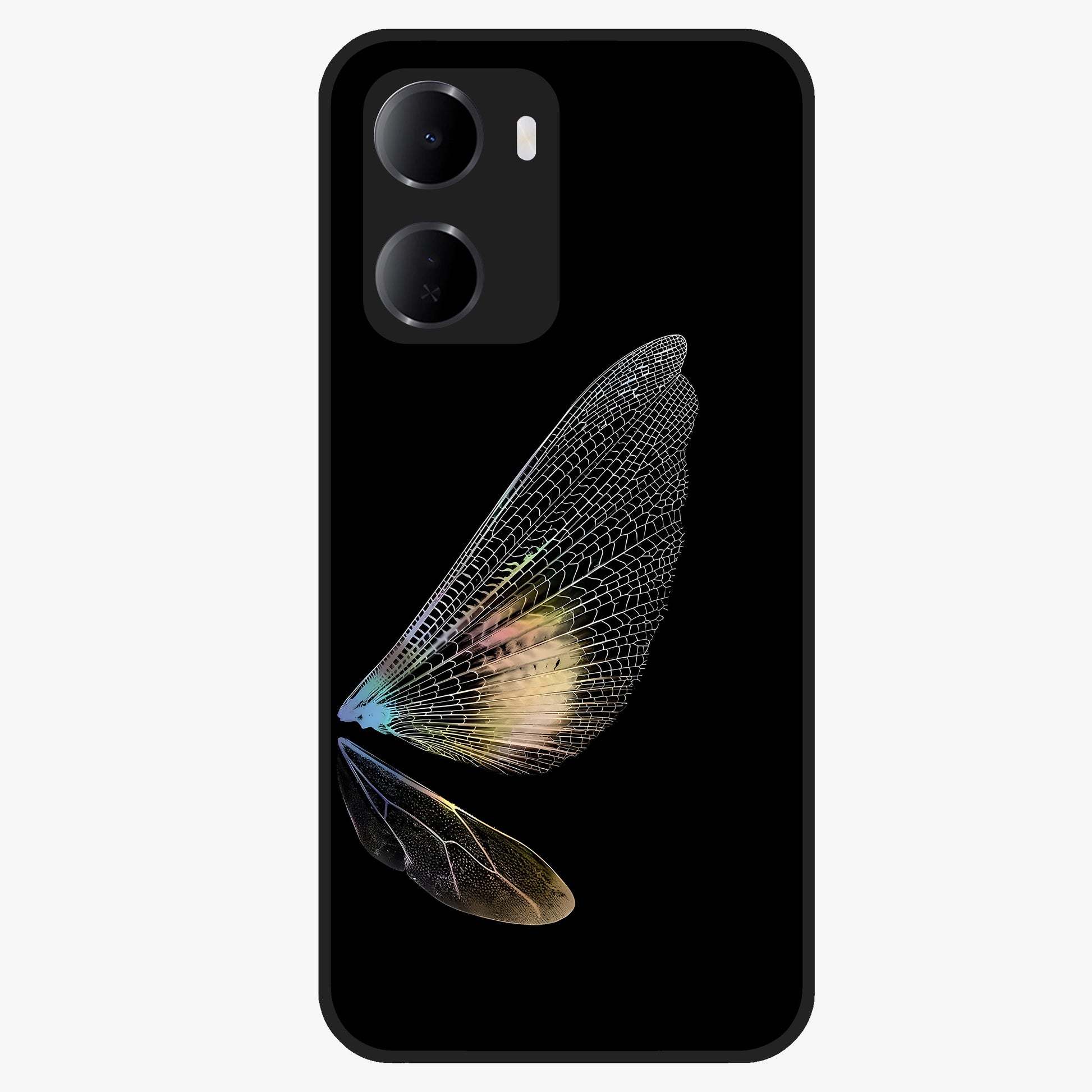 Whispers Of Wings Glass Case showing flat back view with graceful wing inspired artwork and glossy glass finish.