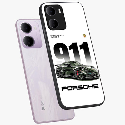 911 Turbo Dominance Glass Case displayed in premium angled mockup highlighting sporty car illustration and sleek glass surface.