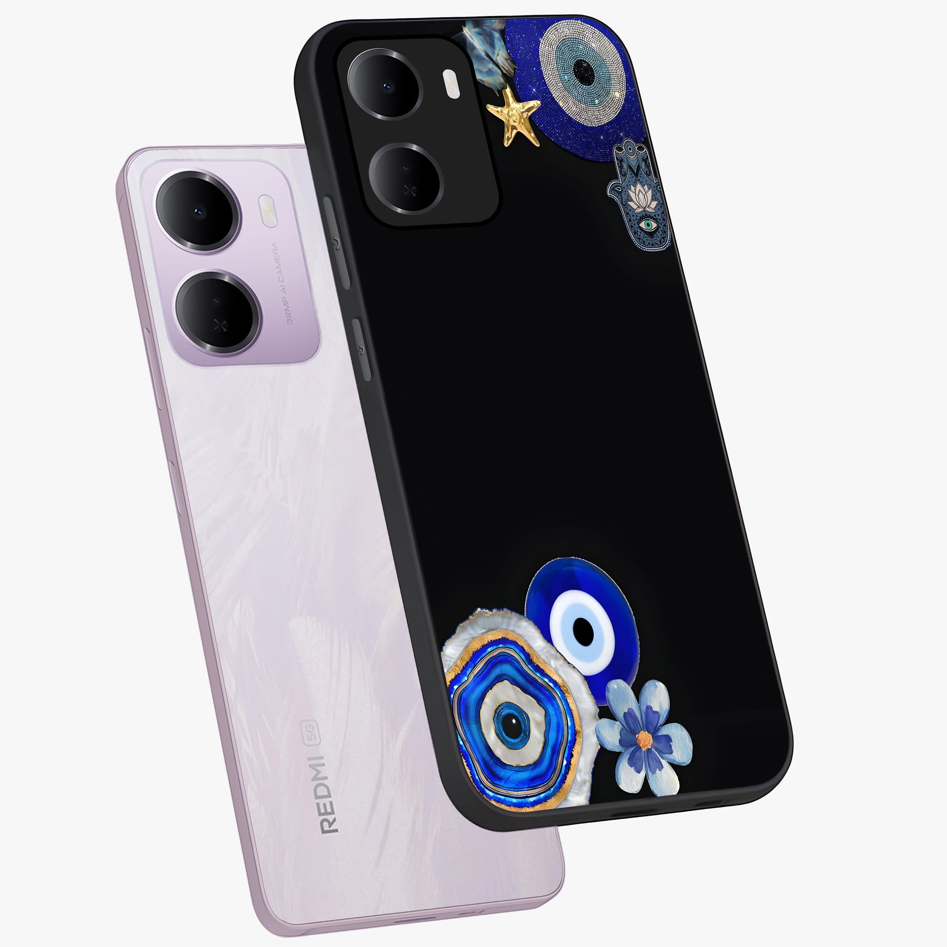 Aesthetic Blue Evil Eye Glass Case displayed in angled mockup highlighting blue evil eye symbol and spiritual aesthetic design.