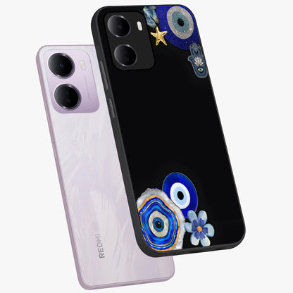 Aesthetic Blue Evil Eye Glass Case displayed in angled mockup highlighting blue evil eye symbol and spiritual aesthetic design.