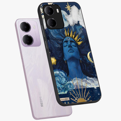 Aesthetic Lord Shiva Glass Case displayed in angled mockup highlighting spiritual Shiva illustration and sacred aesthetic design.