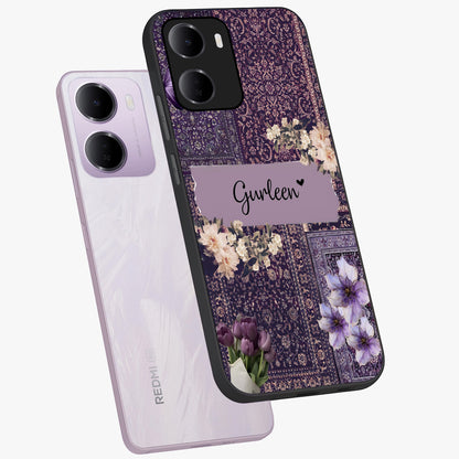 Antique Floral Whisper Custom Name Glass Case displayed in angled mockup highlighting elegant antique floral aesthetic.
