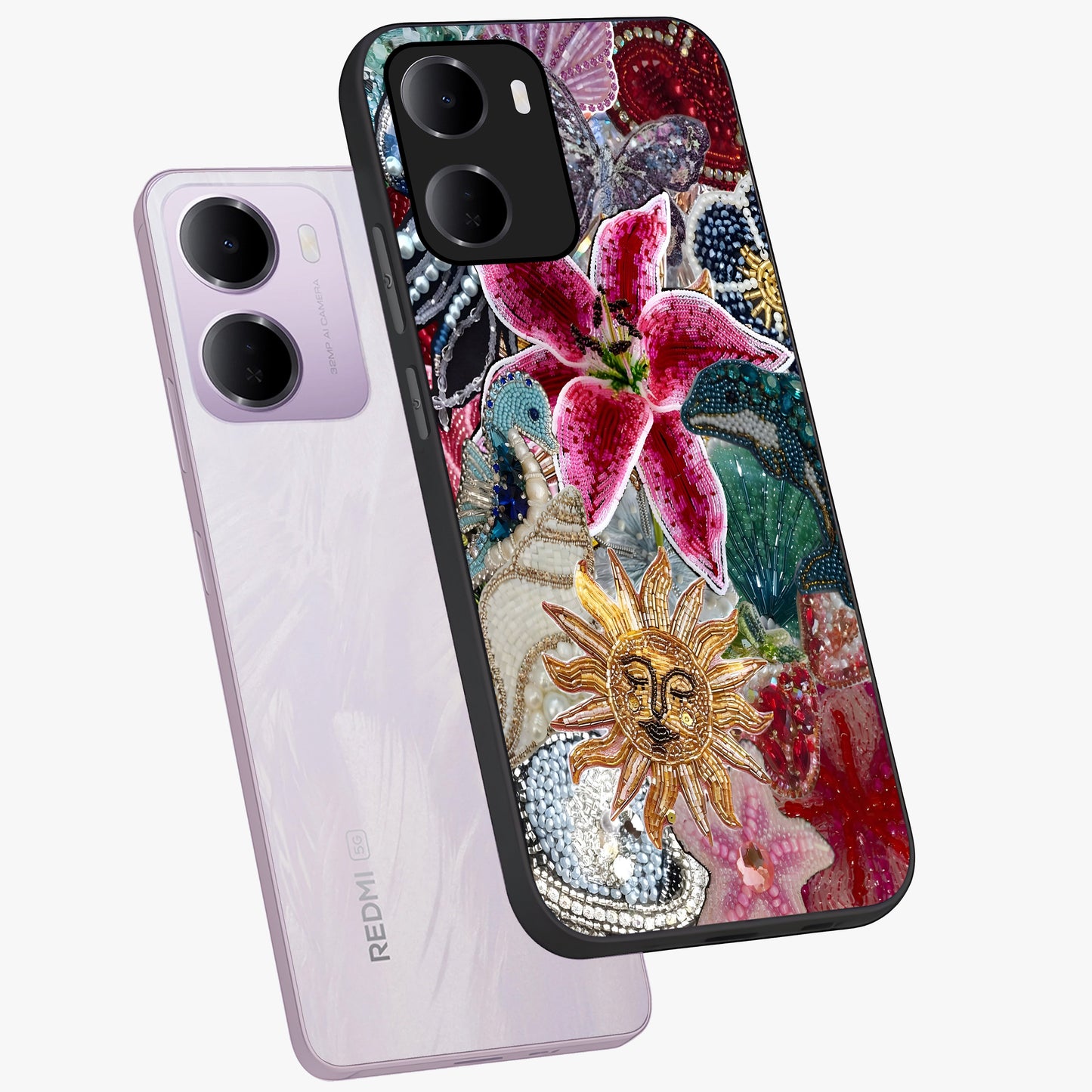 Beaded Garden Fantasy Glass Case displayed in angled mockup highlighting fantasy inspired floral bead pattern.