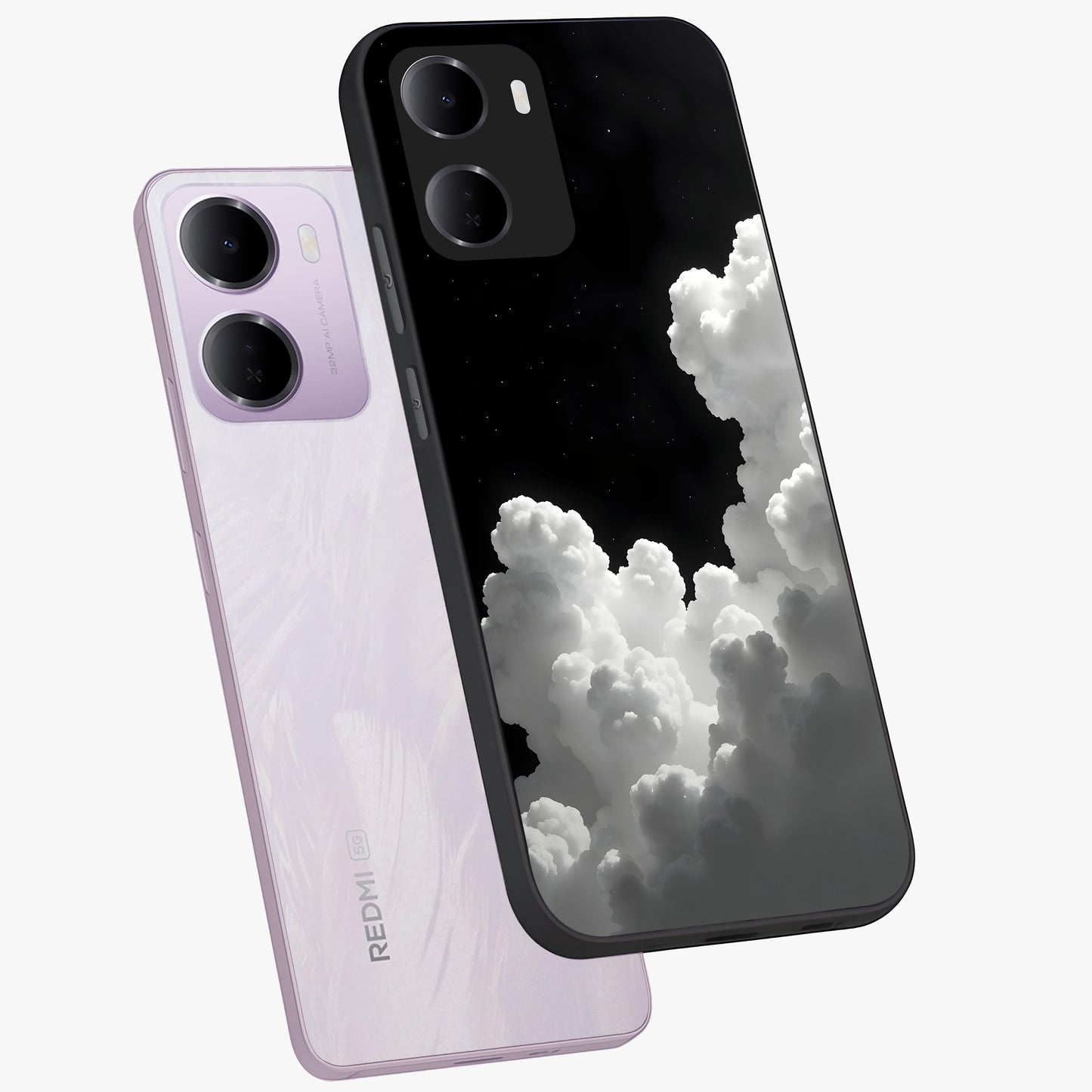 Black Background With White Cloud Glass Case displayed in angled mockup highlighting soft white cloud illustration and minimal design.