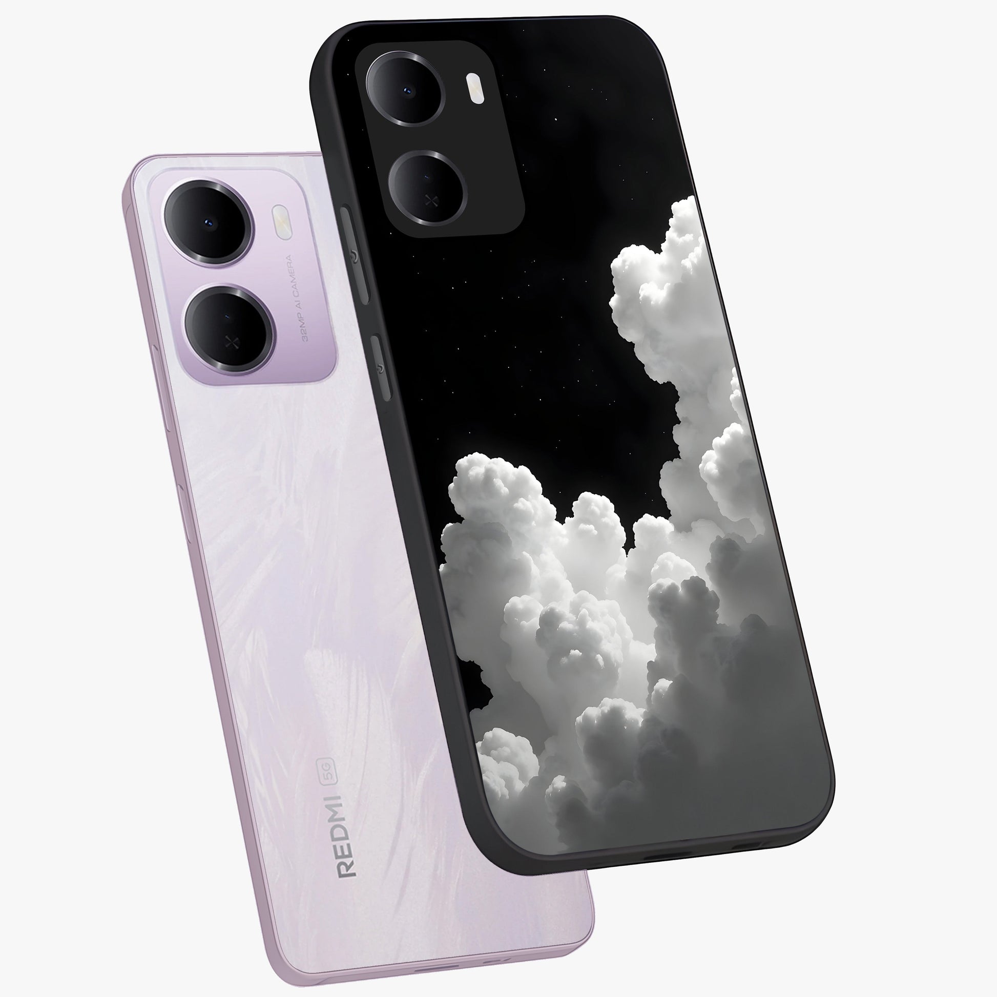 Black Background With White Cloud Glass Case displayed in angled mockup highlighting soft white cloud illustration and minimal design.