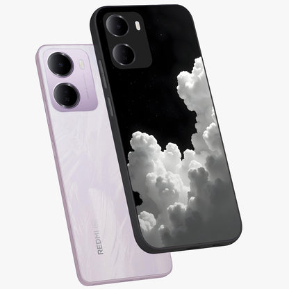 Black Background With White Cloud Glass Case displayed in angled mockup highlighting soft white cloud illustration and minimal design.