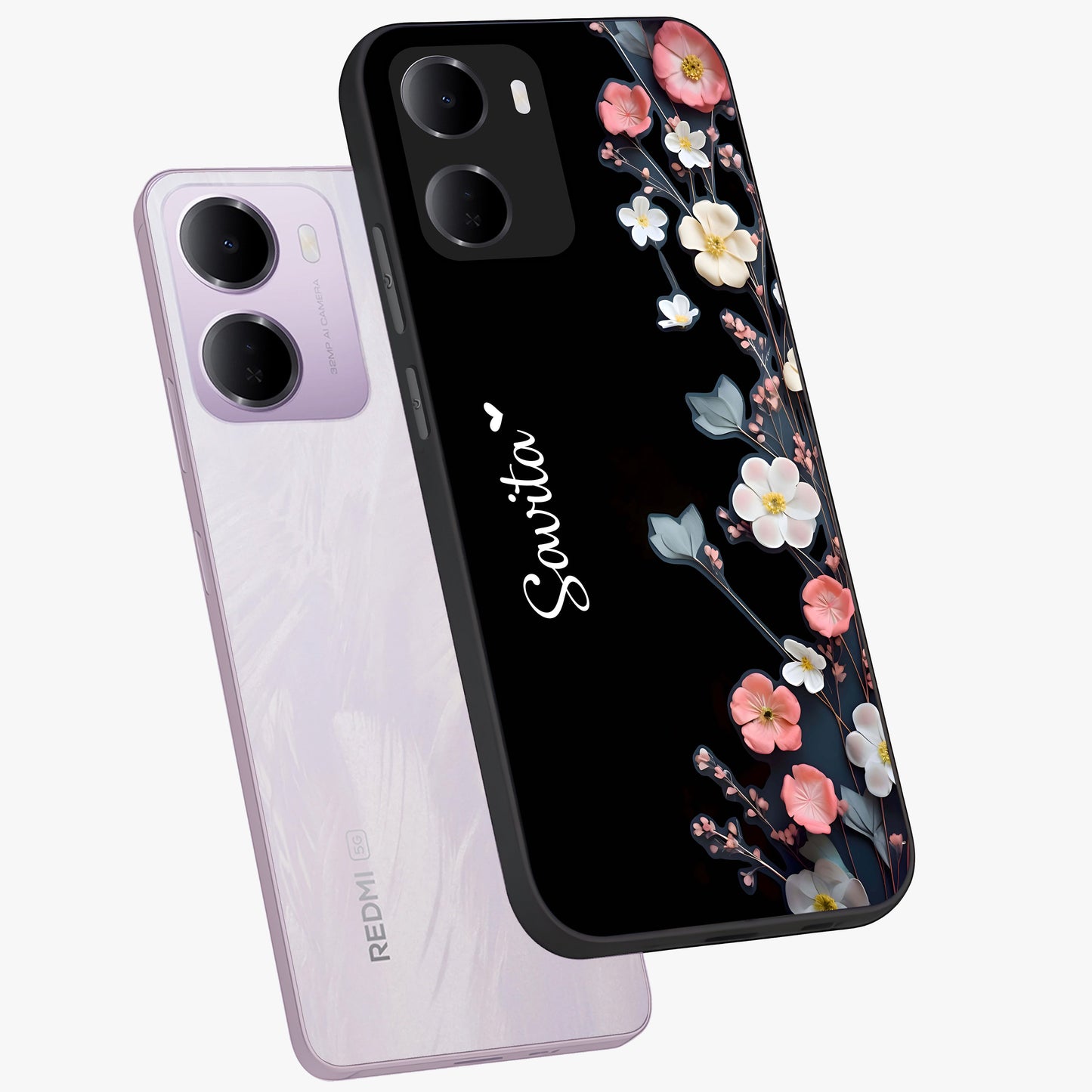Black Elegance Floral Custom Name Glass Case displayed in angled mockup highlighting dark floral aesthetic and custom name feature.