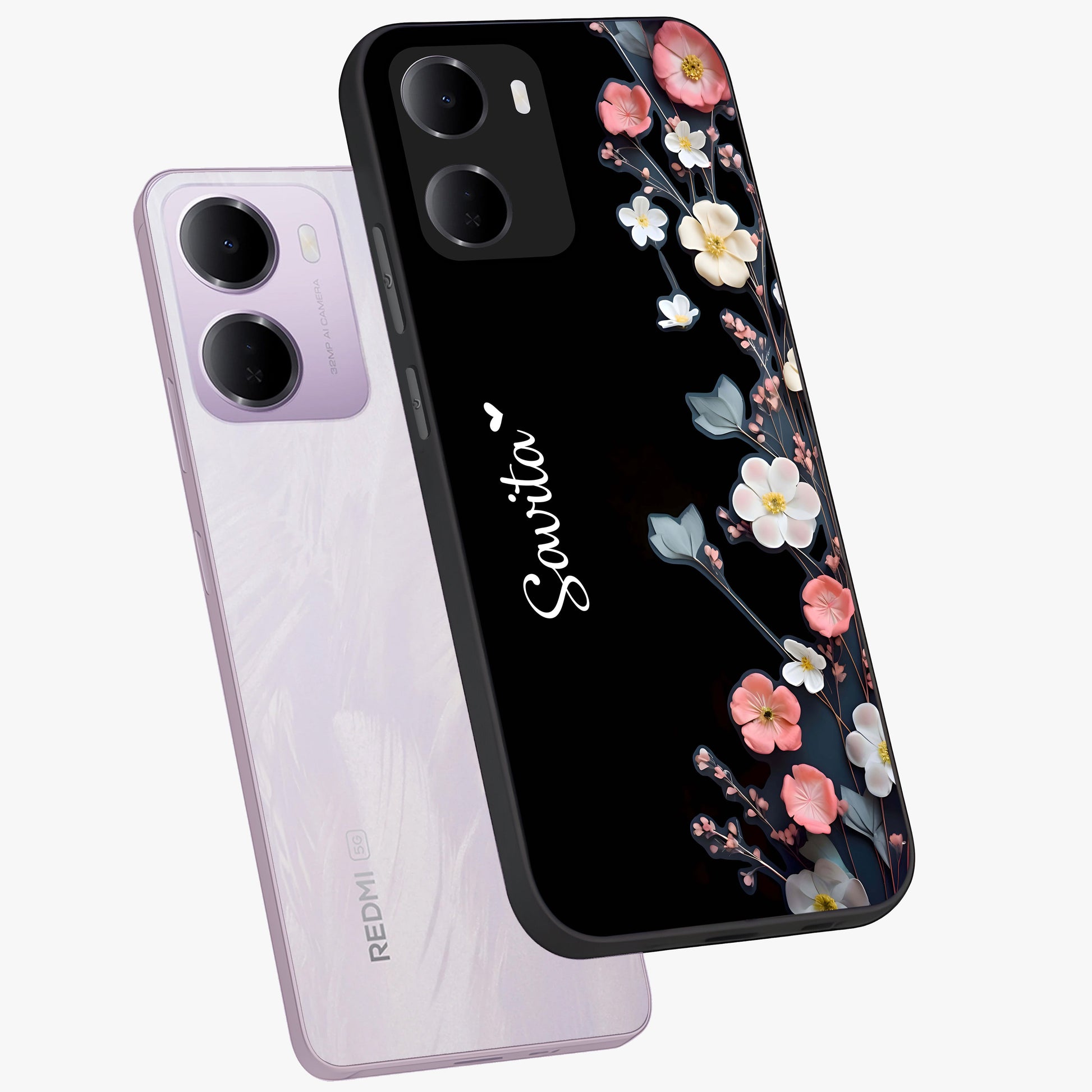 Black Elegance Floral Custom Name Glass Case displayed in angled mockup highlighting dark floral aesthetic and custom name feature.