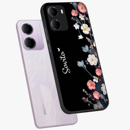 Black Elegance Floral Custom Name Glass Case displayed in angled mockup highlighting dark floral aesthetic and custom name feature.