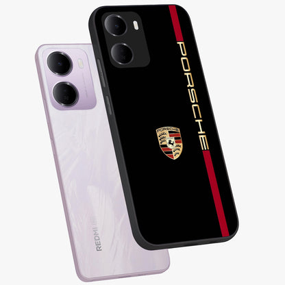 Black Minimal Porsche Glass Case displayed in angled mockup highlighting modern minimal car illustration and clean aesthetic design.