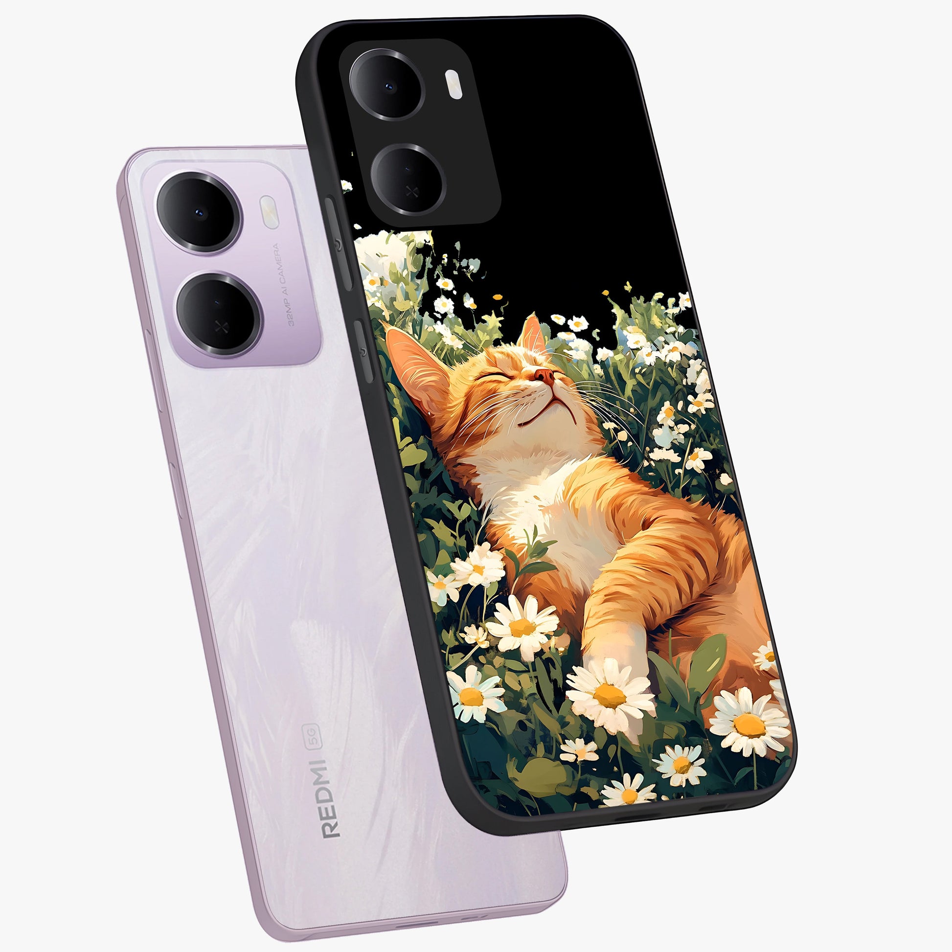 Blissful Bloom Cat Glass Case displayed in angled mockup highlighting playful feline illustration with soft floral aesthetic.