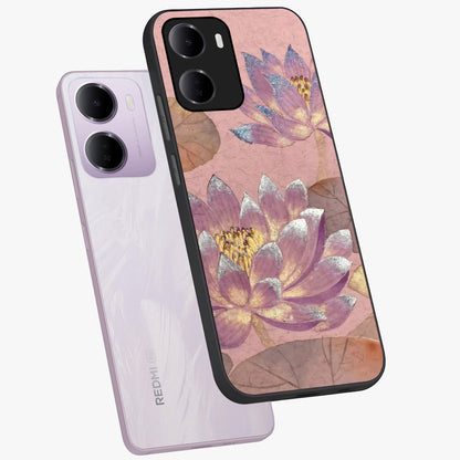 Blossom Mist Lotus Glass Case displayed in angled mockup highlighting delicate lotus illustration with calm aesthetic theme.