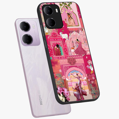 Blossoms of Rajasthan Glass Case displayed in angled mockup highlighting vibrant floral pattern with cultural aesthetic style.