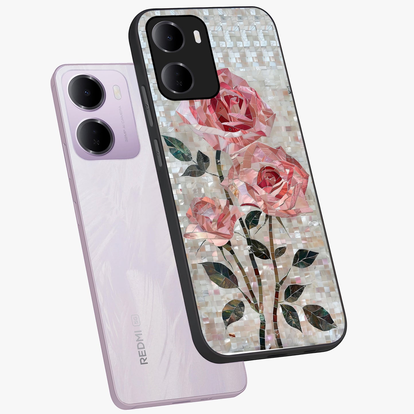 Blush Mosaic Bloom Glass Case displayed in angled mockup highlighting artistic mosaic flower pattern with aesthetic design.