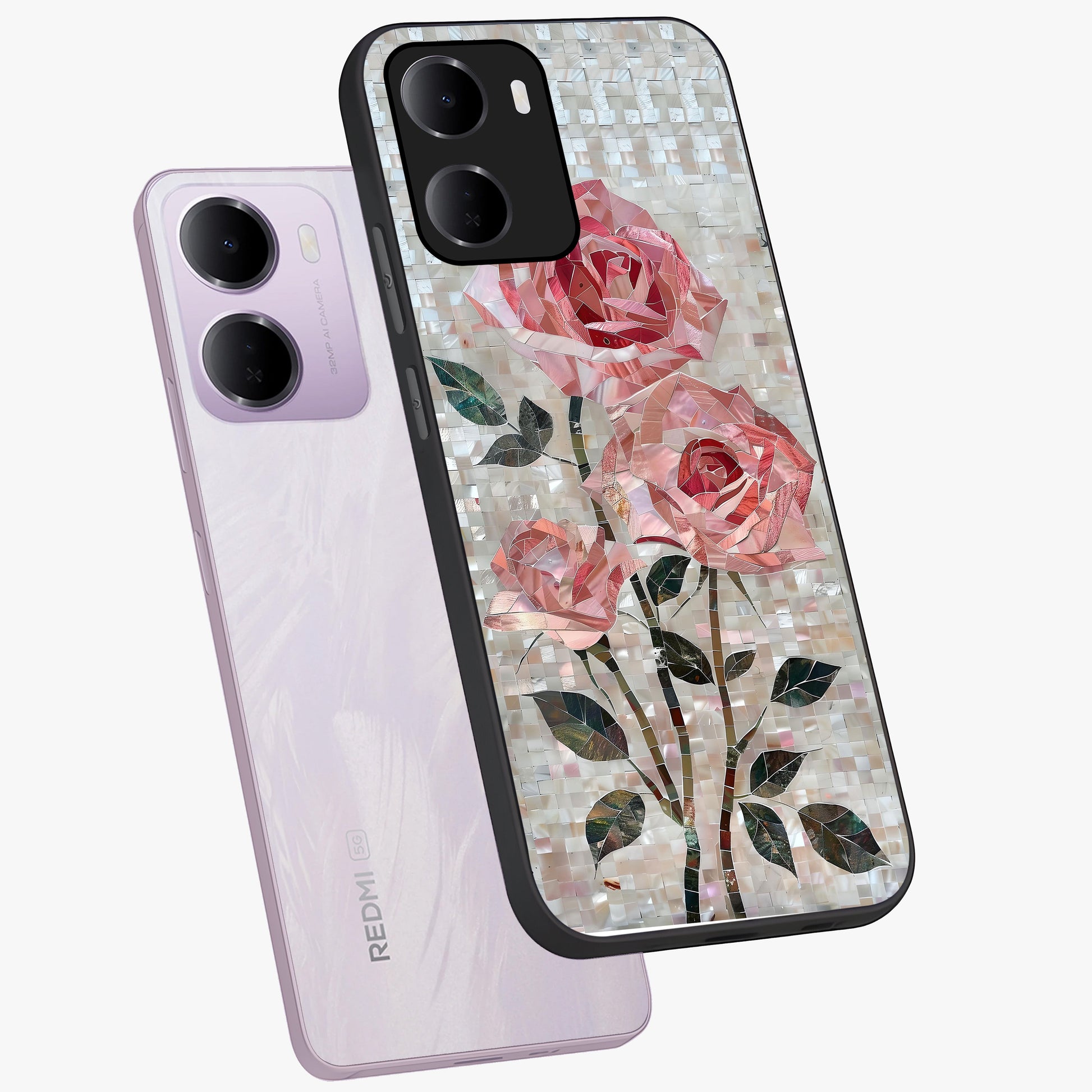 Blush Mosaic Bloom Glass Case displayed in angled mockup highlighting artistic mosaic flower pattern with aesthetic design.