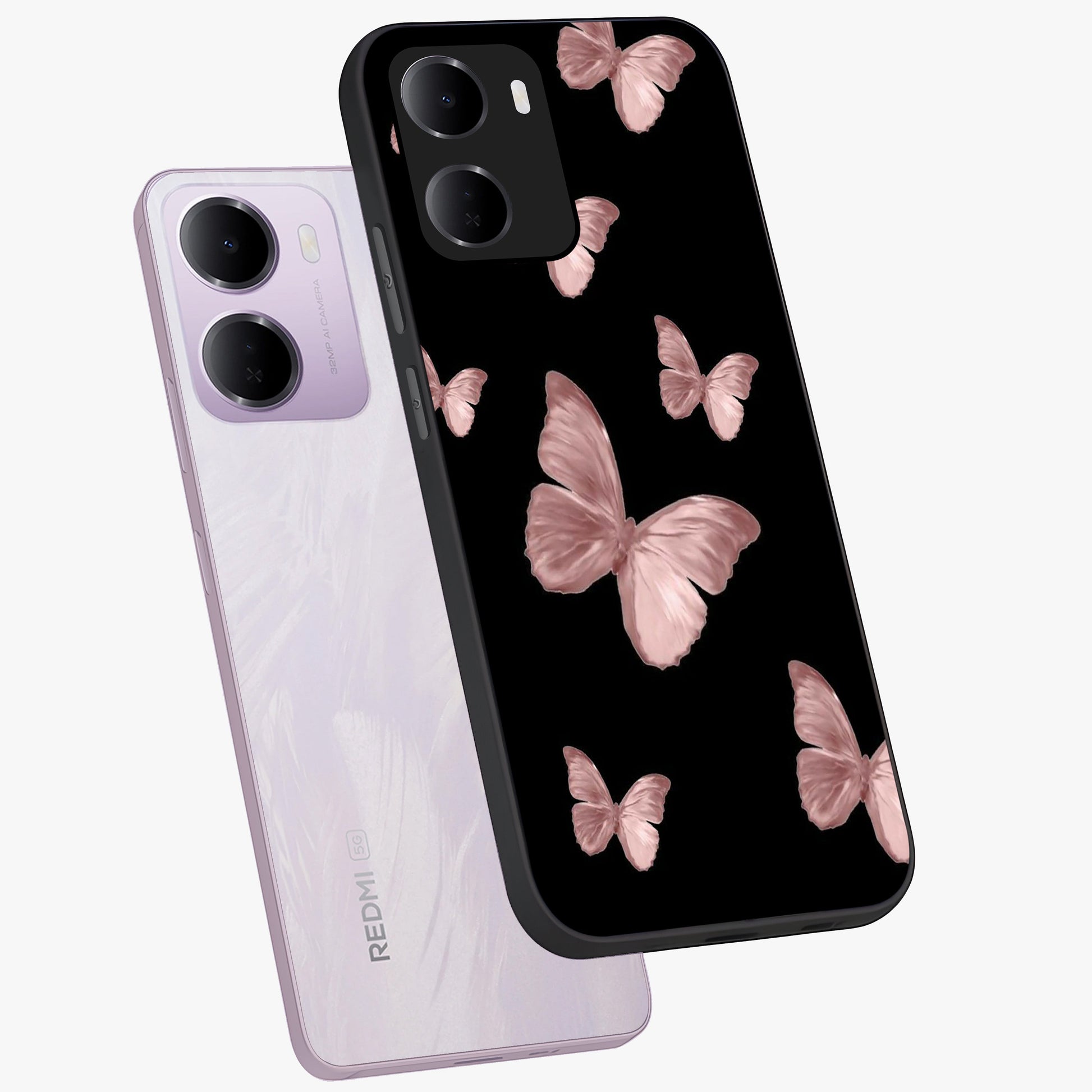 Butterfly Pattern Glass Case displayed in angled mockup highlighting delicate butterfly design and aesthetic pattern style.