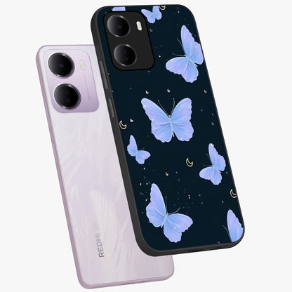Butterfly With Stars Pattern Glass Case displayed in angled mockup highlighting dreamy butterfly and star design with aesthetic theme.