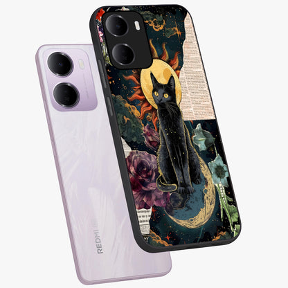 Celestial Black Cat Glass Case displayed in angled mockup highlighting cosmic black cat design with celestial aesthetic.