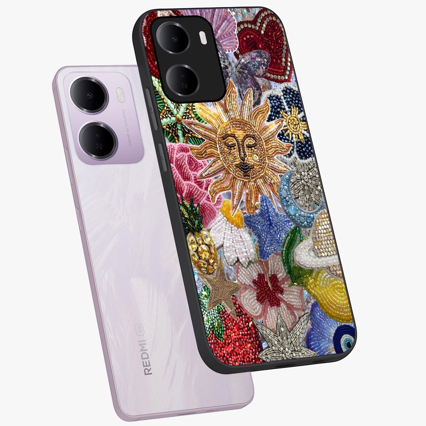 Celestial Floral and Playful Glass Case displayed in angled mockup highlighting playful floral design with dreamy celestial elements.