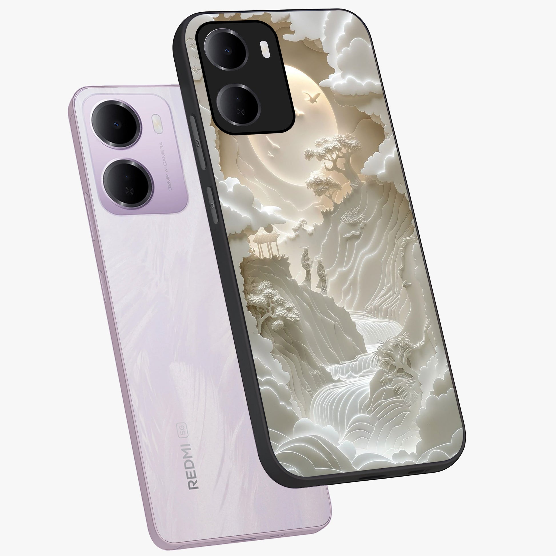 Celestial Origami Glass Case displayed in angled mockup highlighting geometric origami design with cosmic aesthetic theme.