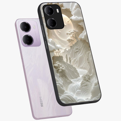 Celestial Origami Glass Case displayed in angled mockup highlighting geometric origami design with cosmic aesthetic theme.